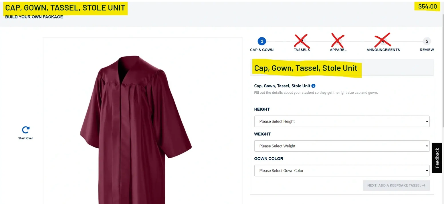 Screenshot of order page